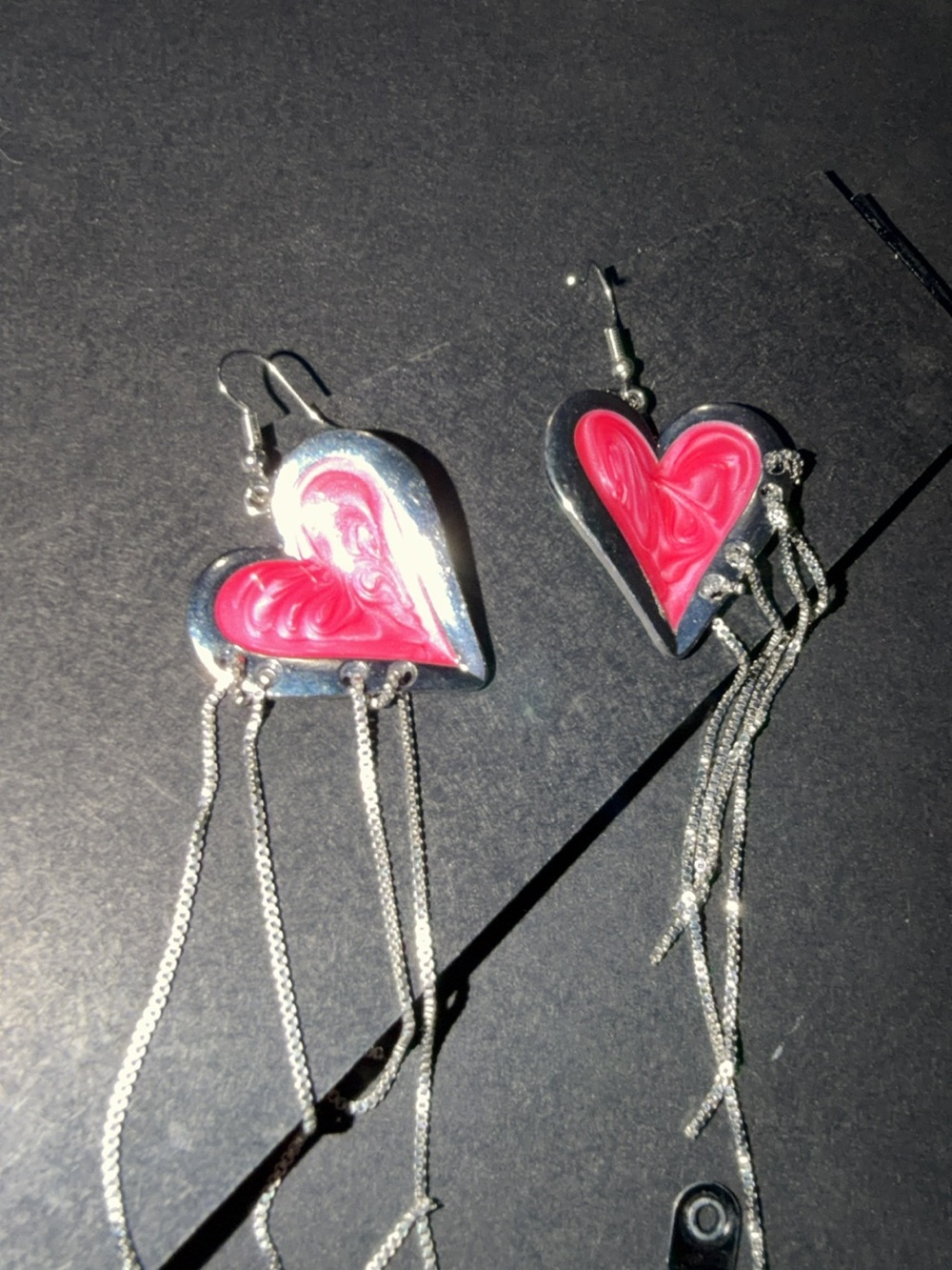 Handmade Silver Heart Dangle Earrings with Pink Resin Inset